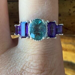 Teal Color Changing Fluorite Amethyst Art Deco Ring Size 8